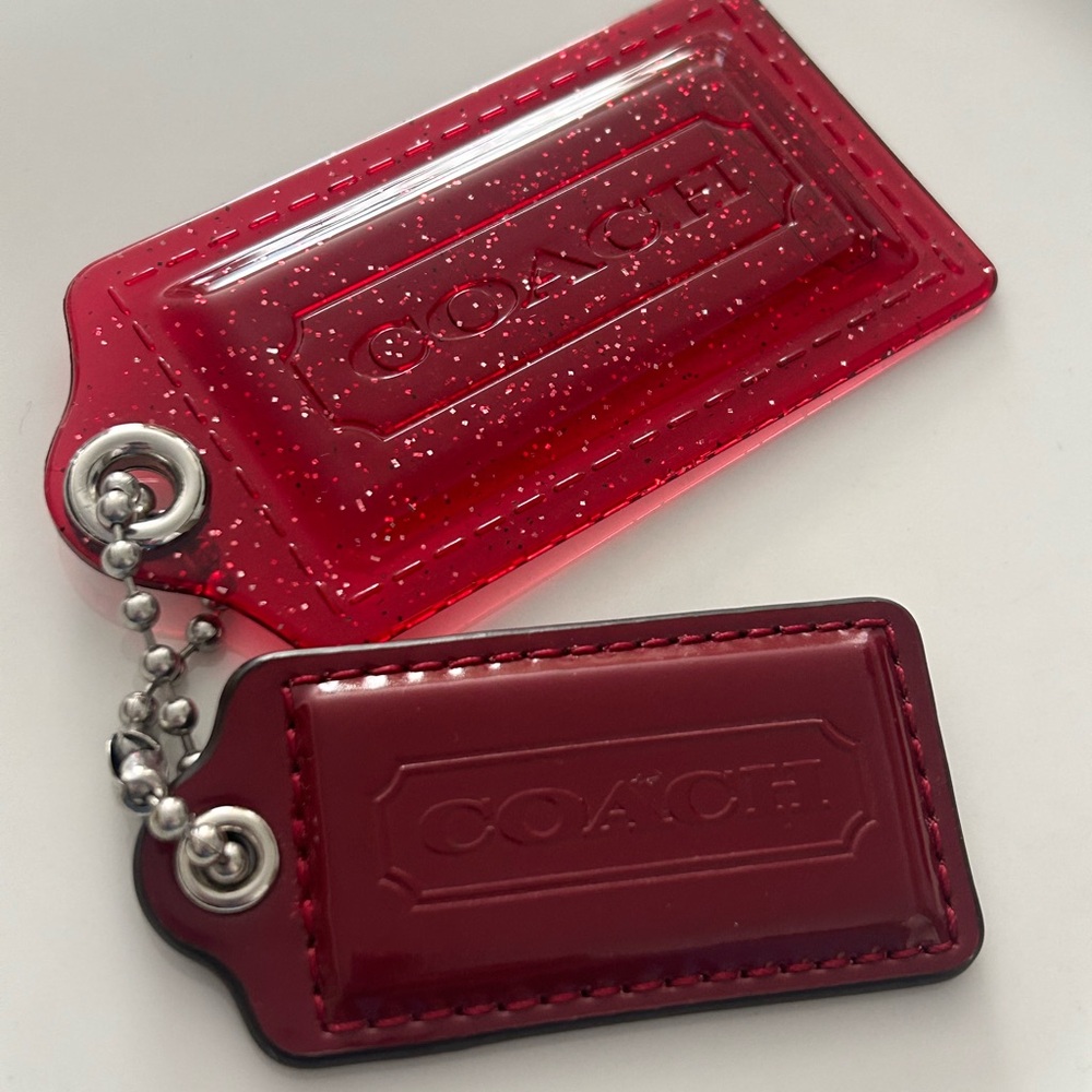 Vintage Coach Poppy hang tags. Raspberry glitter acrylic & patent leather. - Picture 3 of 10